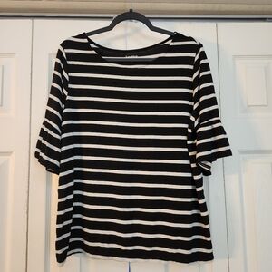 Kate Park Black and White Striped Short Ruffle Sleeve Top Size 1X